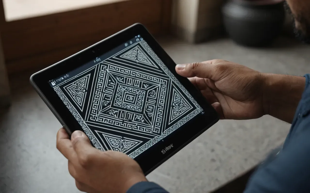 A close up of hands holding a small digital tablet displaying abstract geometric patterns in soft natural light.
