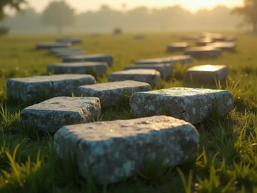 megalithic tombs A close-up of weathered stone blocks arranged in a circular pattern on a grassy field under soft morning light with no text or people visible