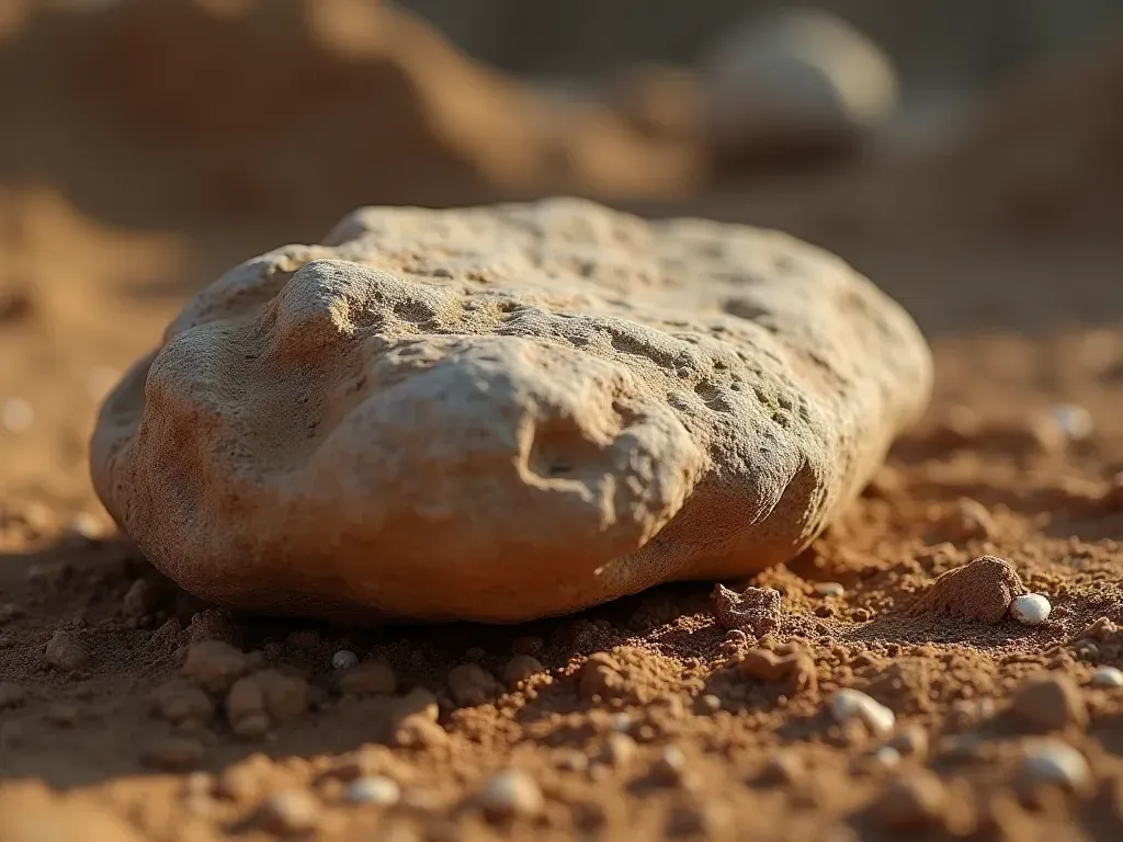 A close-up photorealistic image of a weathered stone artifact resting on dry soil. The lighting is natural and soft, highlighting the texture of the rock. No text or labels are visible.