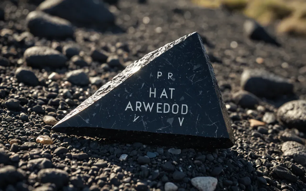 A close-up view of a dark volcanic glass arrowhead resting on rough stone ground. The surface shows faint geometric scratch marks near the tip. Natural daylight illuminates the texture without any background objects or text.