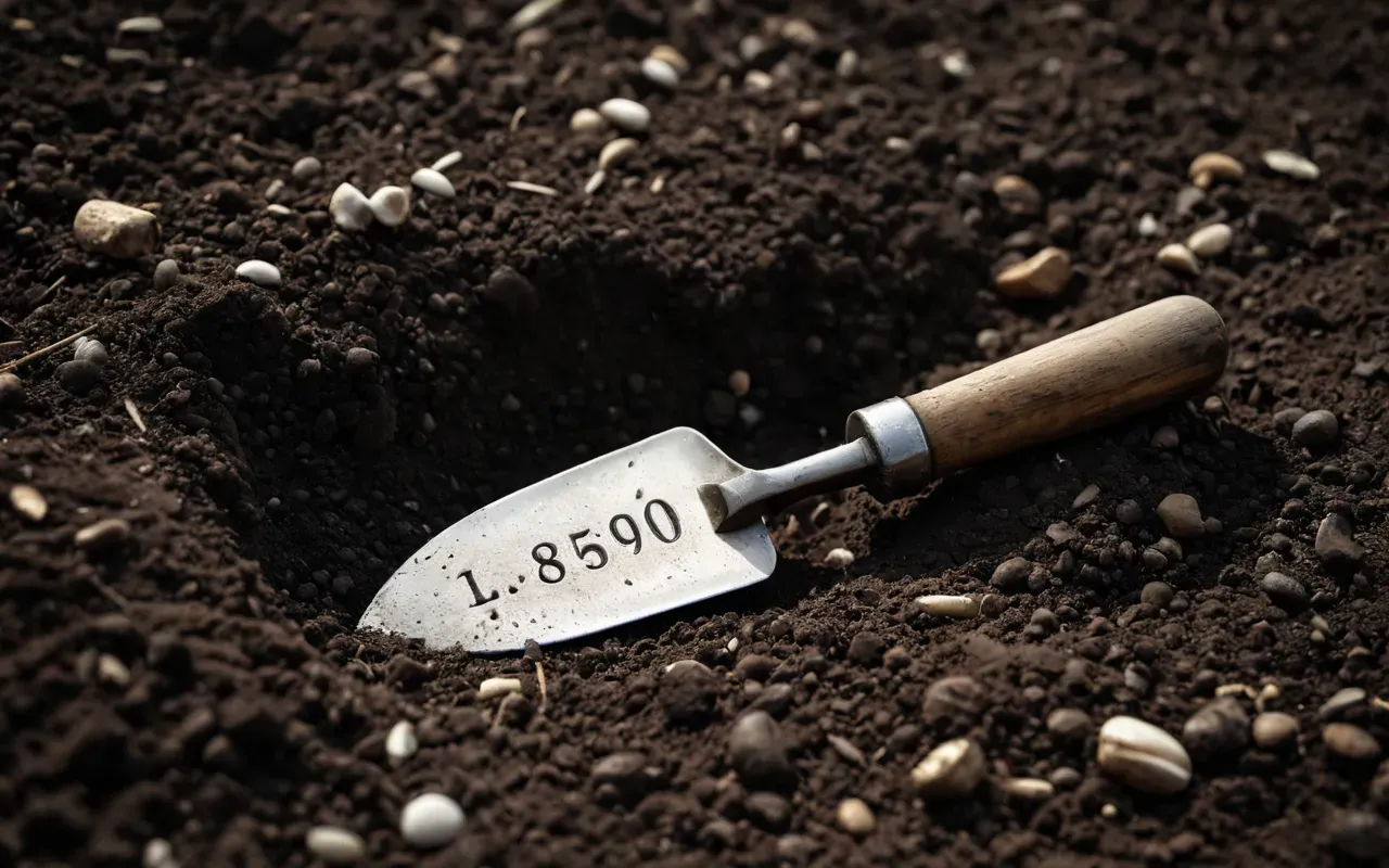 archaeological tools A close up view of a trowel resting on dark earth next to a small bone fragment in soft natural light highlighting the texture of soil and the delicate structure of the artifact without any background distractions or text overlays.