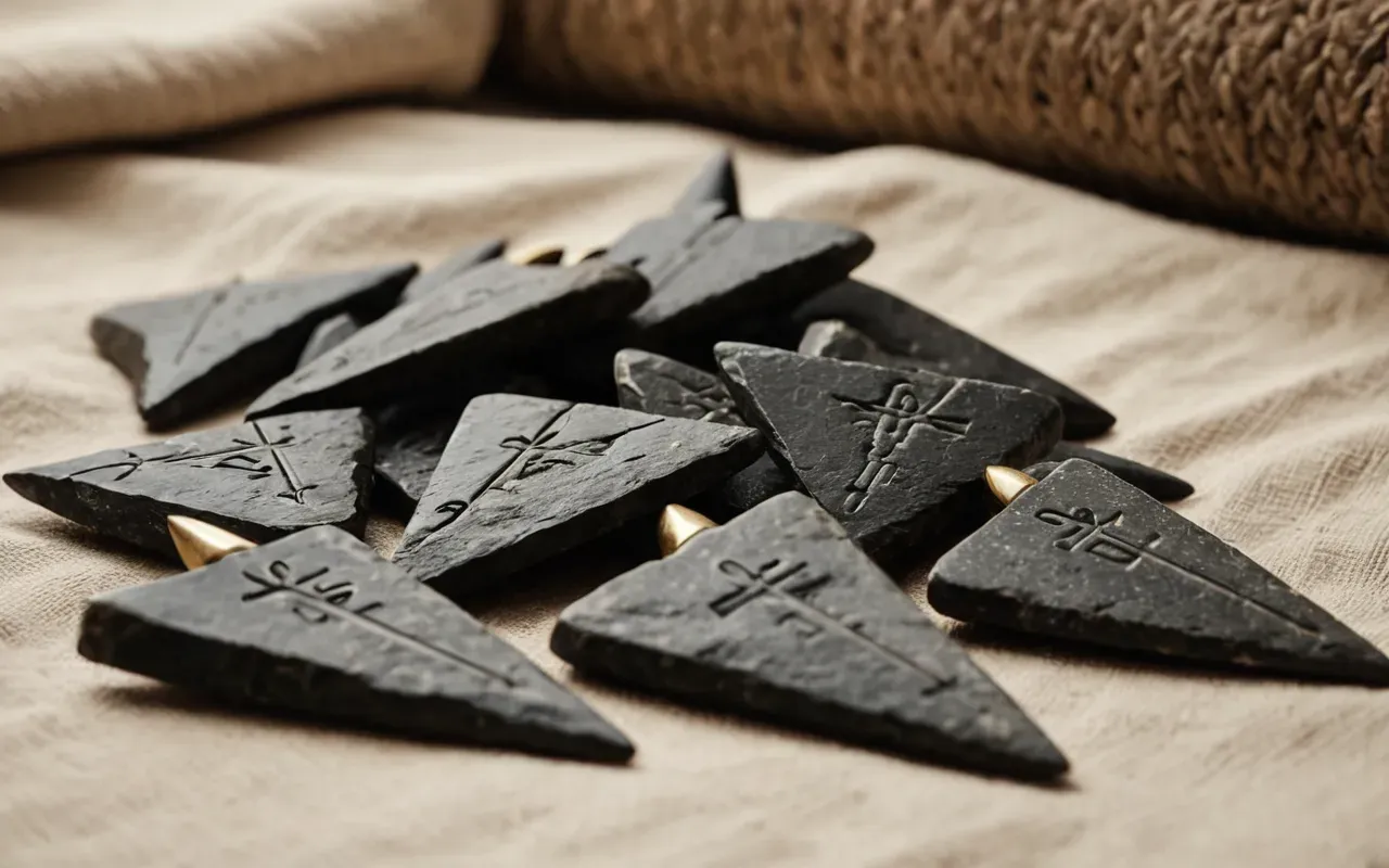 A close up view of ancient dark stone arrowheads arranged neatly on a light beige cloth. The tools feature sharp edges and subtle geometric line engravings on their surfaces. Soft natural lighting highlights the texture of the volcanic glass material in a quiet indoor setting.