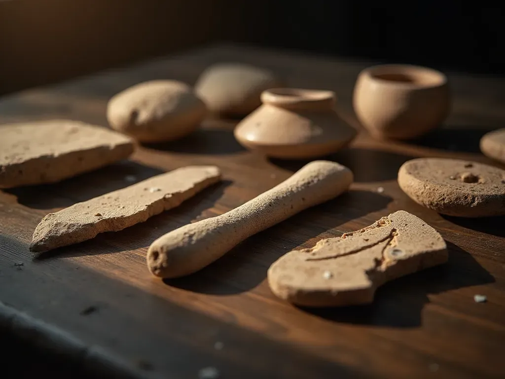 ancient artifacts display A close up view of ancient stone tools and pottery shards arranged on a dark wooden table under warm studio lighting with soft shadows highlighting texture details.