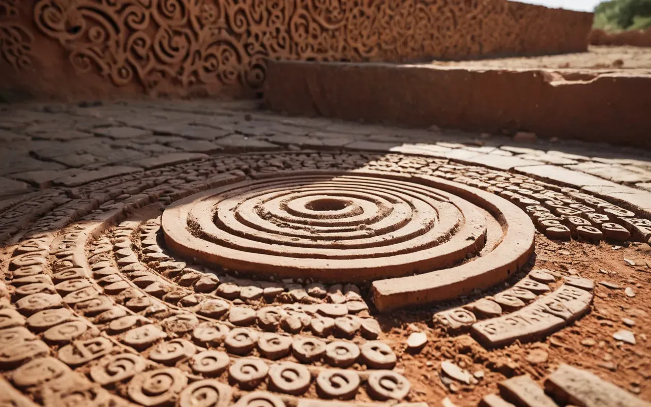 ancient terracotta artifacts A close up view of weathered terracotta fragments resting on a dusty stone surface under bright natural sunlight highlighting the intricate spiral patterns and ancient craftsmanship without any human presence or background context.