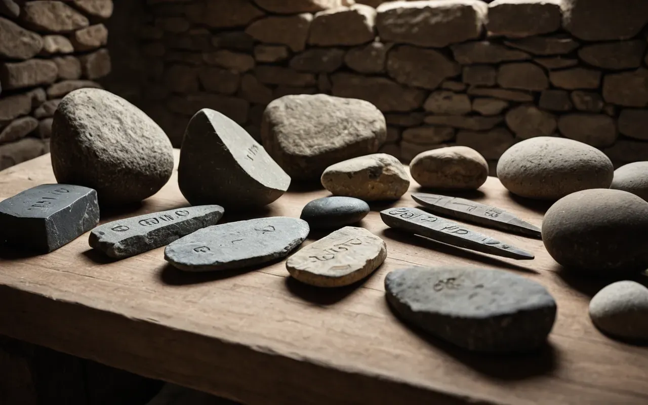 A collection of ancient stone tools displayed on a neutral surface with soft lighting. The arrangement emphasizes the shape and texture of each piece without any background context.