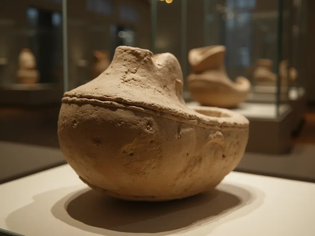 A detailed view of a stone artifact on a museum display case with soft lighting highlighting its texture and shape.