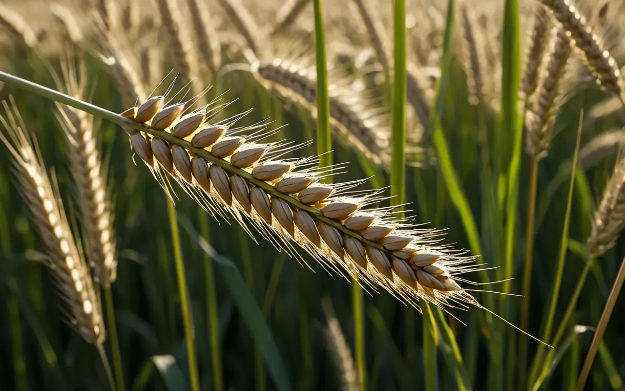 A detailed view of a wheat ear with seeds attached to the stalk showing natural lighting and shadow details without any written words or symbols present in the frame.