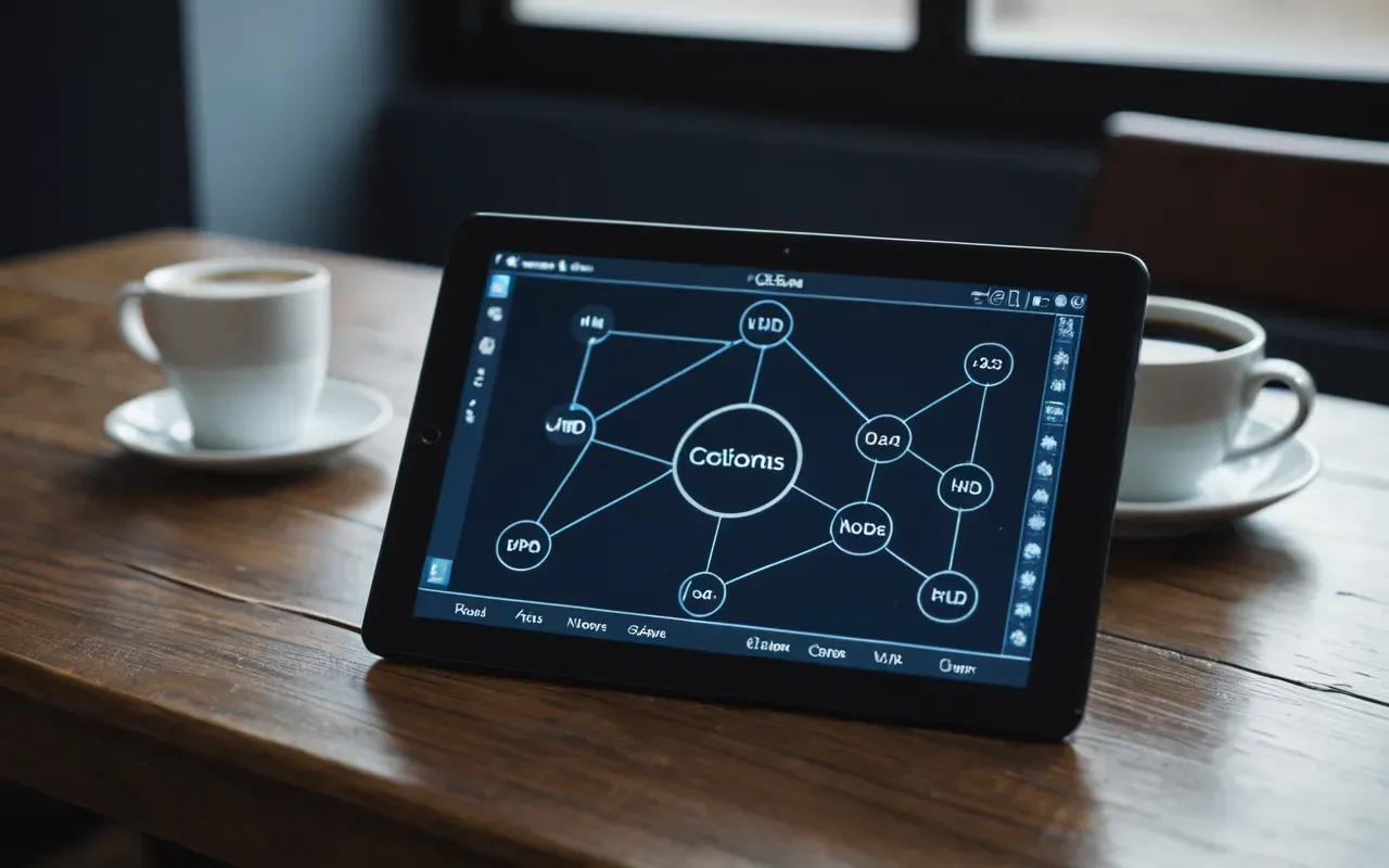 digital database interface A digital tablet screen showing a simple network diagram with connected nodes and lines in soft blue tones resting on a wooden table next to a cup of black coffee.