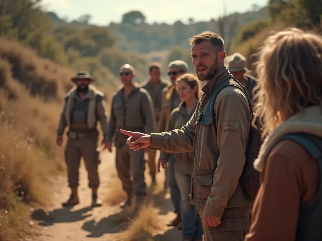 A diverse group of people standing near an archaeological site boundary. They look engaged and curious. One person points towards the ground. The background shows a clear sky and distant hills. Neutral clothing styles suggest modern international visitors.