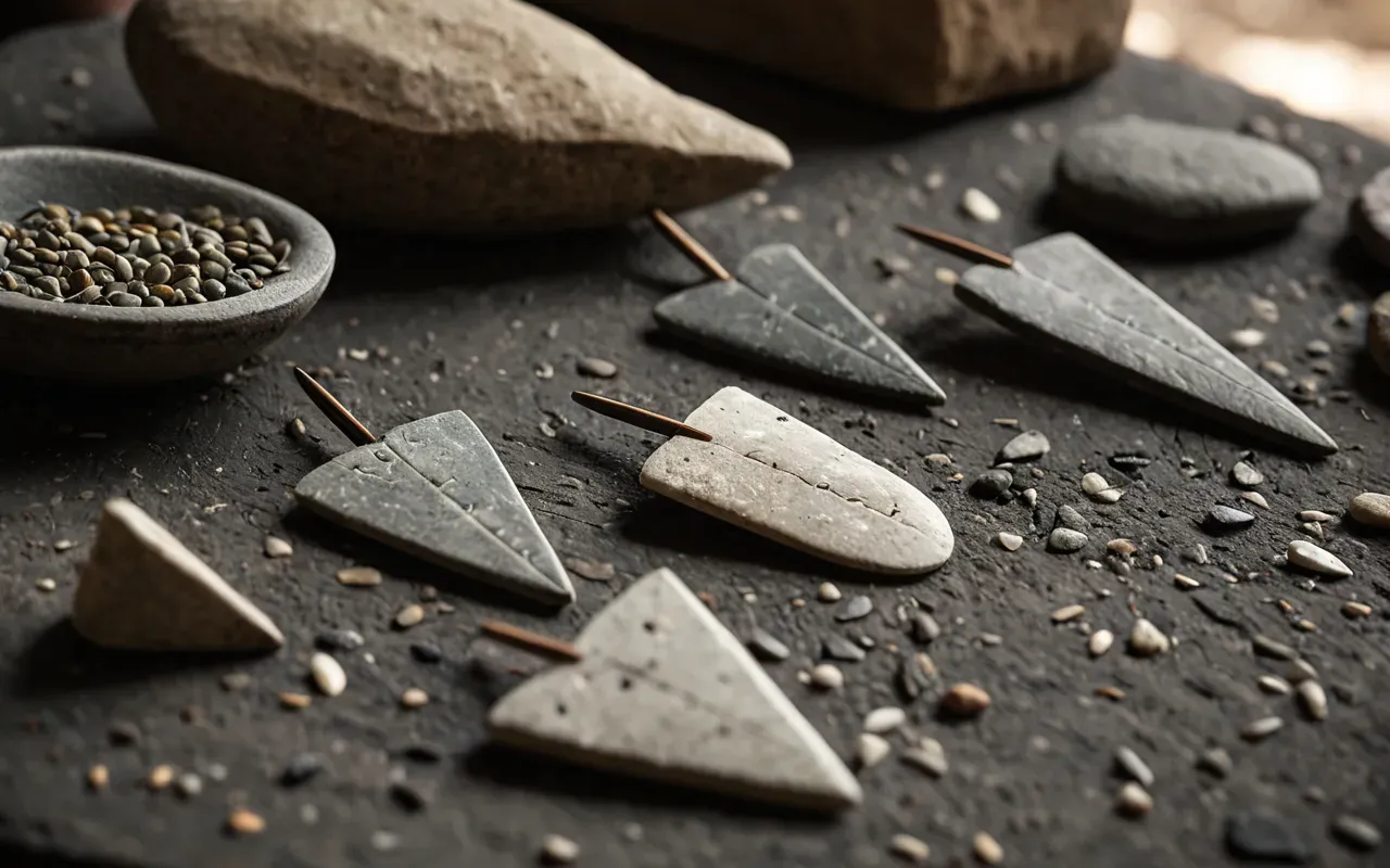 A group of stone artifacts arranged on a flat surface with soft lighting. The objects include arrowheads and small chipped tools showing natural wear patterns.