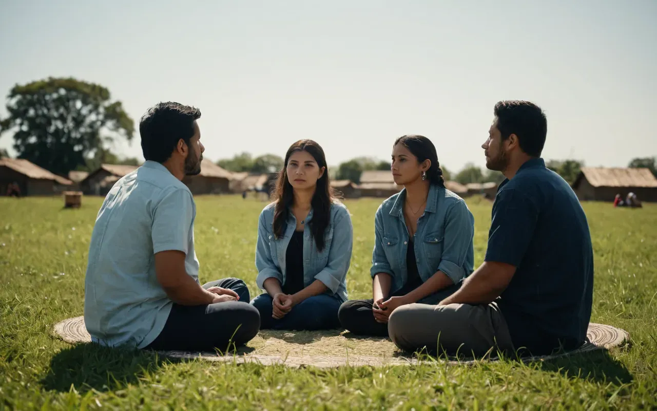 community discussion A group of three people sitting in a circle on grass under an open sky with soft afternoon light illuminating their faces as they listen intently to one person speaking while holding small clay objects.