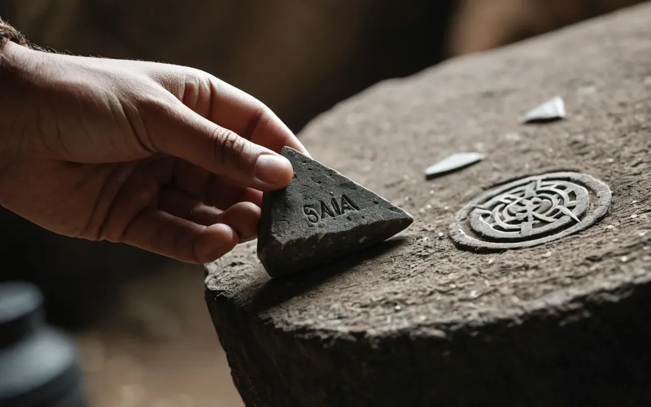 A hand holding a small stone tool near an arrowhead with geometric marks. The setting is a simple workshop area with natural light highlighting the texture of the materials.