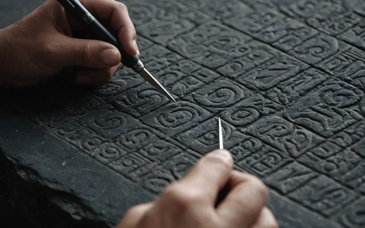 A hands-on close up of a person carefully etching lines into a dark polished stone surface using a small sharp tool. The scene focuses on the precision and concentration required for this delicate manual task in a well lit workshop environment.