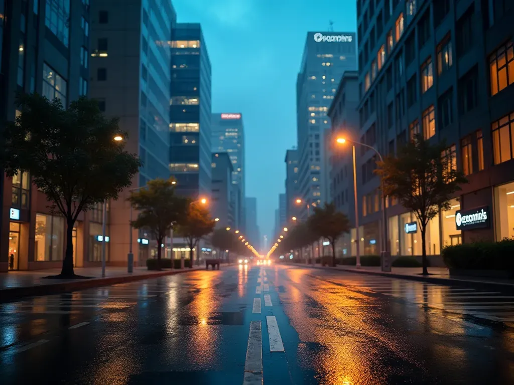 modern urban connection A modern city skyline at dusk with warm lights turning on in high rise windows reflecting off wet pavement below creating a contrast between old and new.