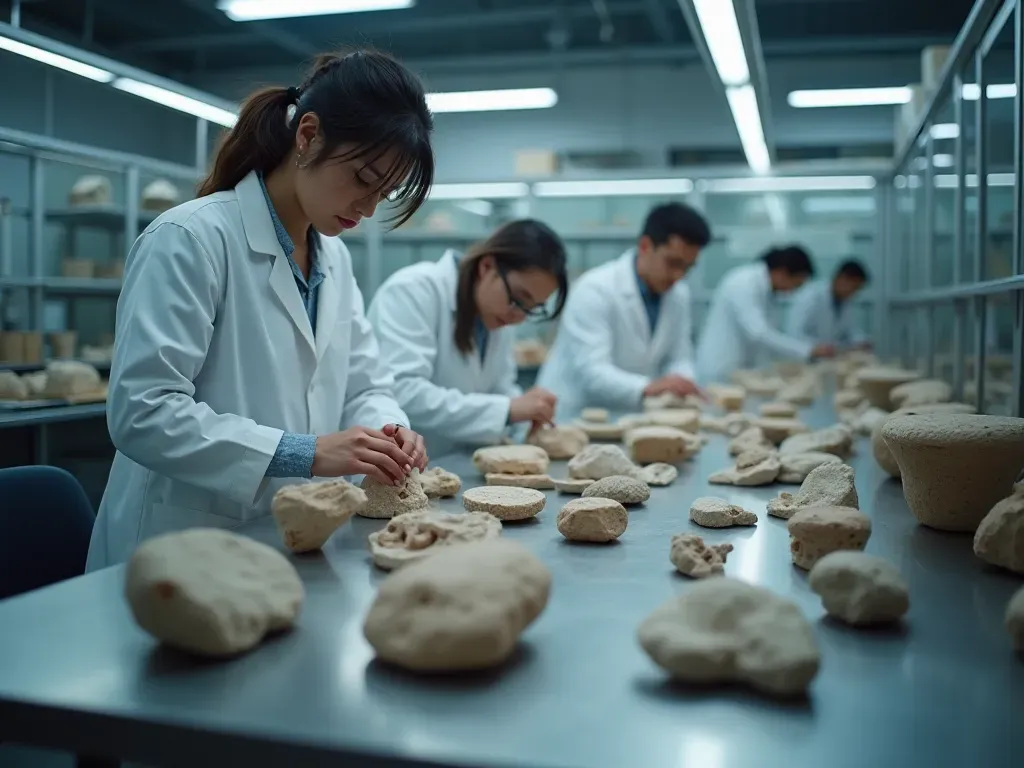A modern laboratory room with scientists examining stone artifacts under bright artificial light on stainless steel tables.