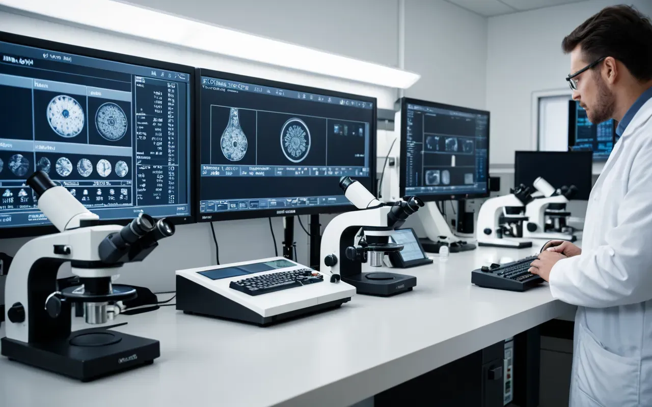 ancient DNA lab A modern laboratory setting with scientists examining ancient bone samples under bright microscopes and digital screens