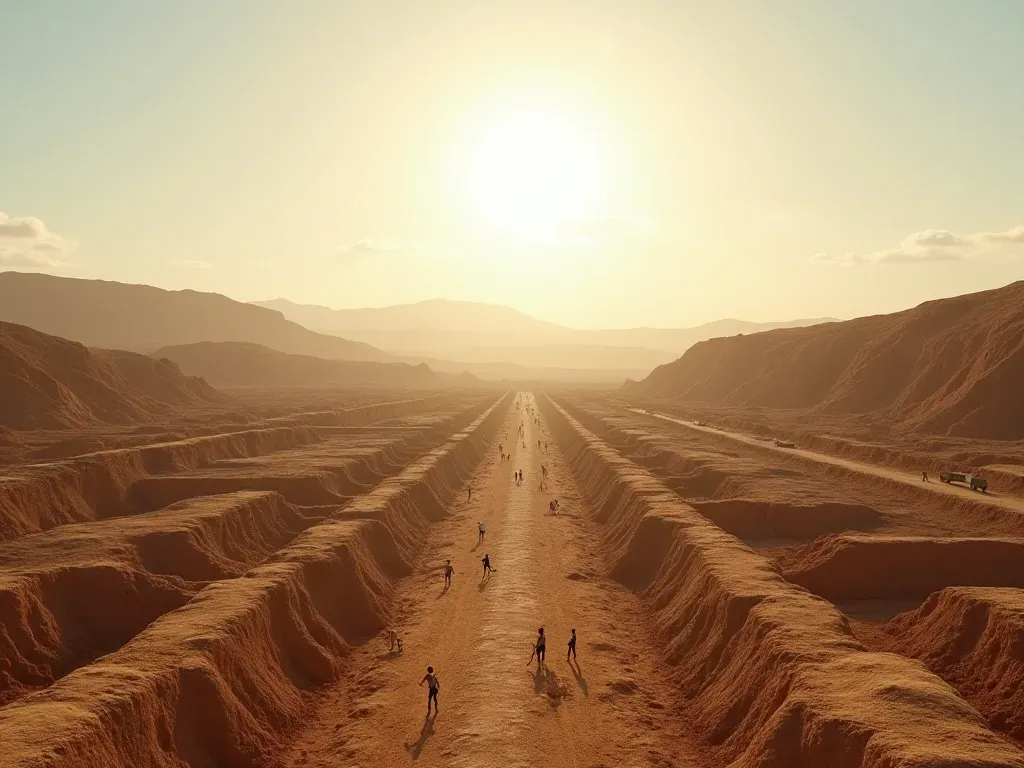 A panoramic view of a vast excavation site under the bright midday sun. Small figures of workers are scattered across trenches in dry soil. The horizon shows rolling hills and sparse vegetation. No text or modern buildings distract from the ancient landscape.