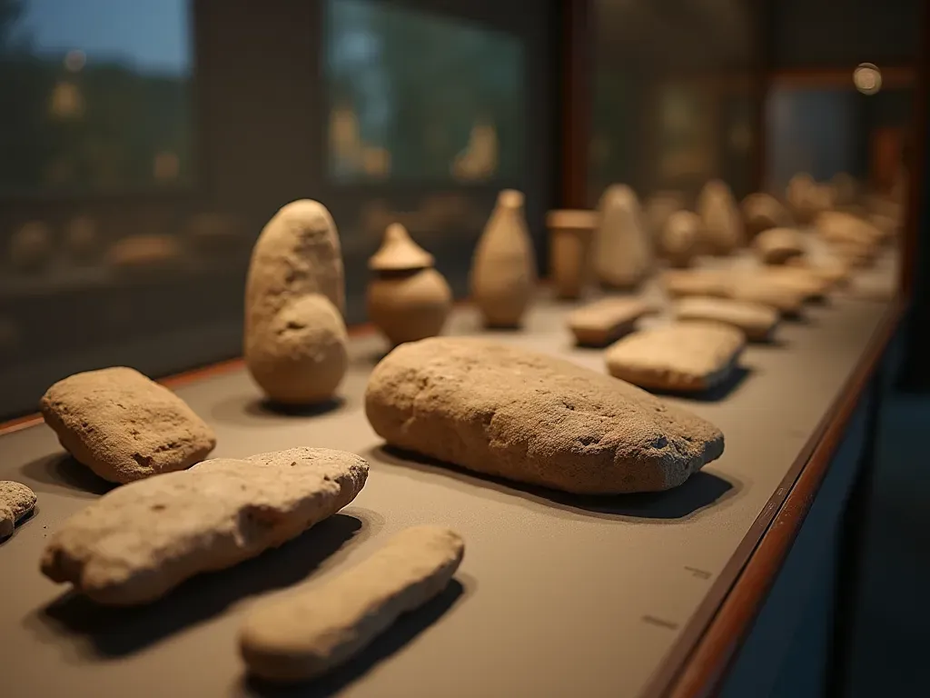 A photorealistic scene of a museum display case containing ancient stone tools. Soft lighting highlights the textures. The background is blurred to focus on the artifacts.
