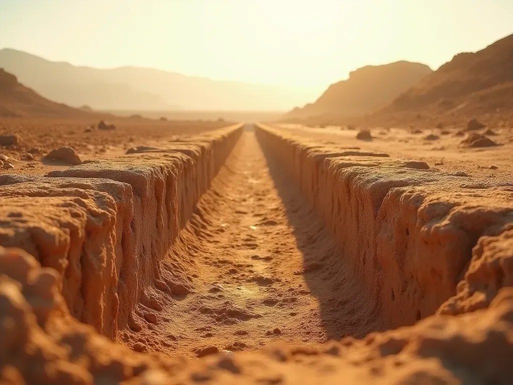A photorealistic wide-angle shot of an archaeological excavation site in a dry arid landscape under bright sunlight showing neat grid trenches dug into the earth with archaeologists wearing hats carefully brushing soil from stone artifacts near wooden markers.