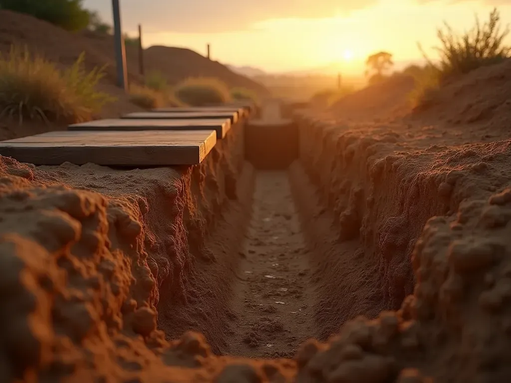 A photorealistic wide shot of an archaeological excavation site at dusk. Sunlight casts long shadows across carefully dug trenches in dry earth. Wooden planks and tools are visible on the edge of a large earthen mound. The sky is clear with soft orange hues.