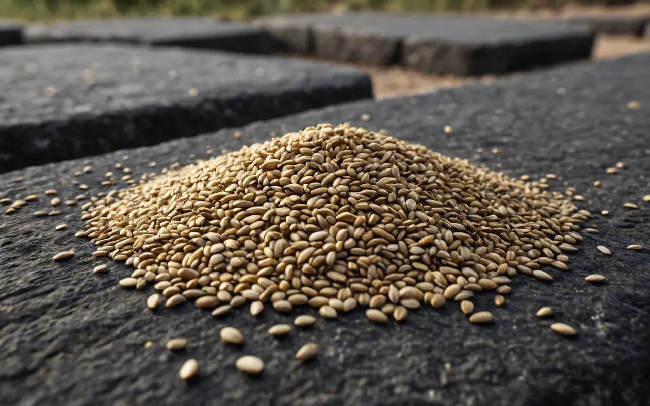 A realistic close up of ancient grain seeds scattered on a rough stone surface with soft natural light highlighting their texture and shape without any text or labels visible.
