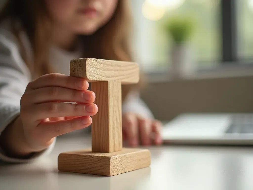 A realistic close-up photograph of a child's hands holding a detailed wooden replica of a T-shaped stone pillar toy, sitting at a modern desk with bright natural lighting, surrounded by colorful educational books and game pieces, evoking a sense of curiosity and learning.