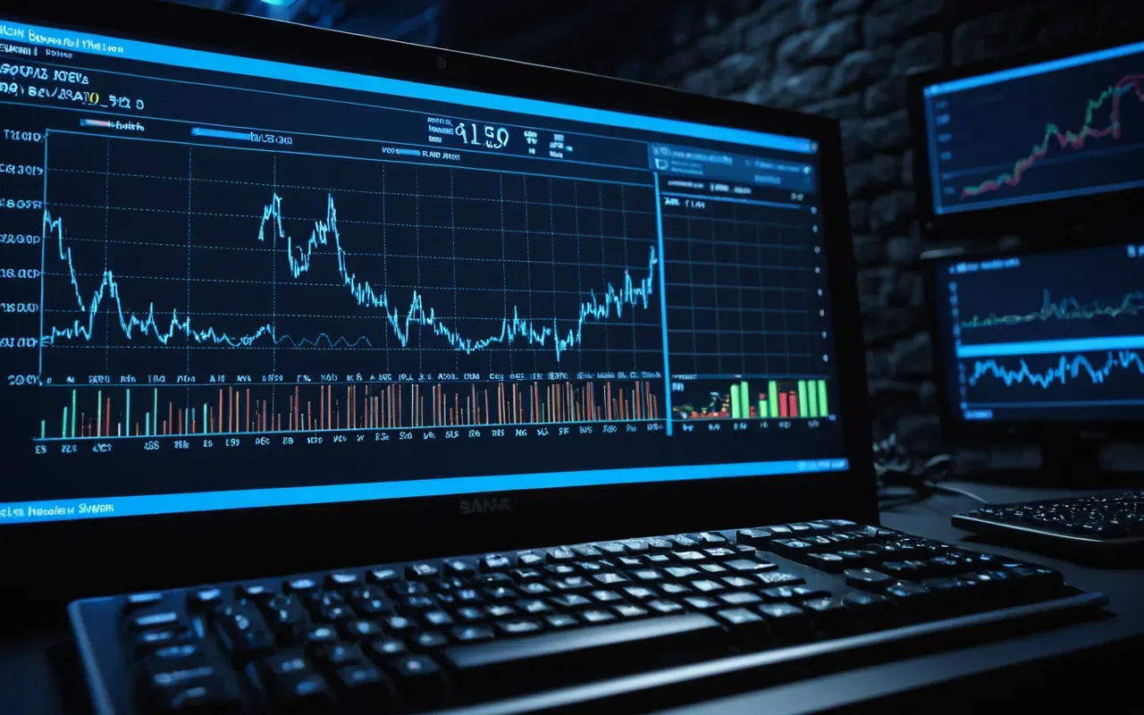 A realistic computer screen displaying complex data charts and simulation graphs in a dark room with blue lighting.