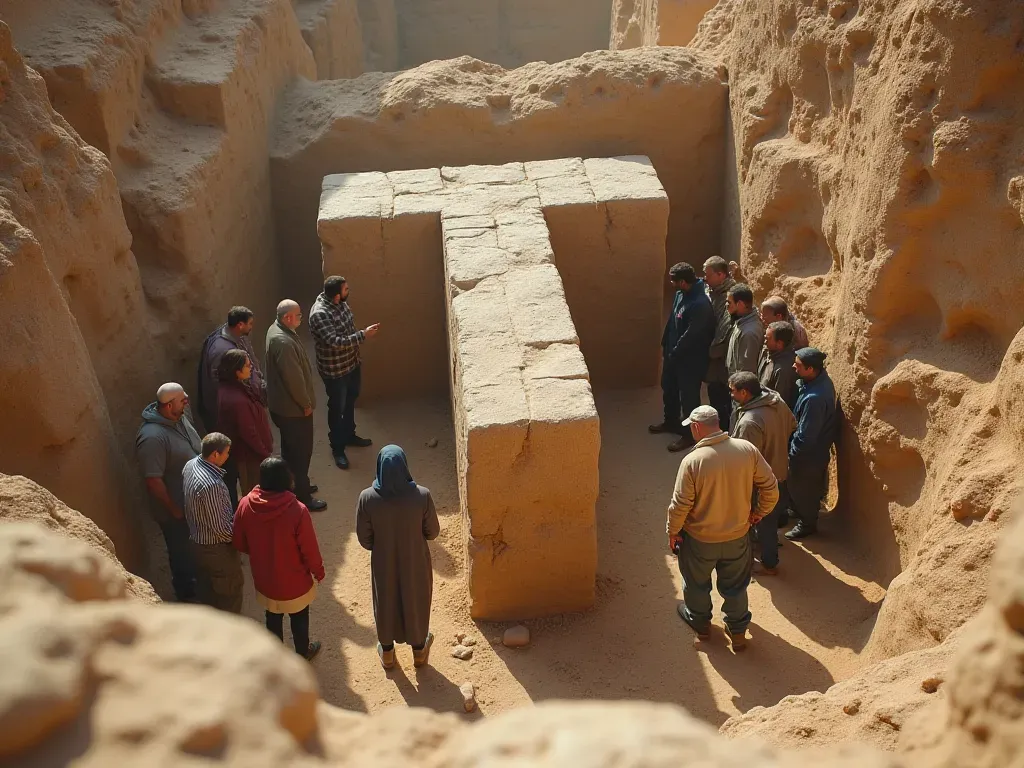 A realistic photograph of a group of diverse archaeologists standing around a large T-shaped limestone pillar in an outdoor excavation site, examining the stone surface with brushes and tools under bright natural sunlight, with soft shadows and earthy tones dominating the scene.