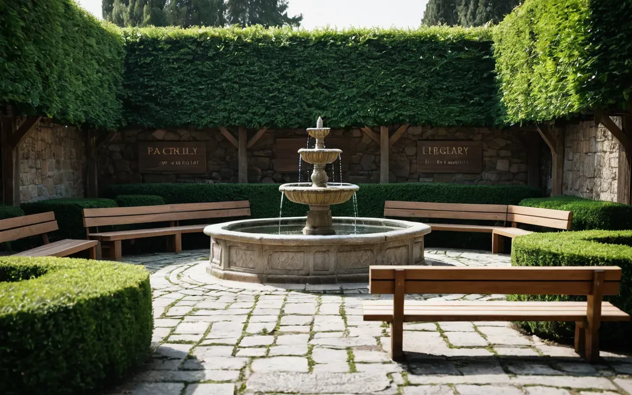 A serene outdoor library courtyard featuring comfortable wooden benches arranged around a central stone fountain, surrounded by neatly trimmed hedges and mature trees, bathed in soft golden hour lighting with a calm reflective atmosphere