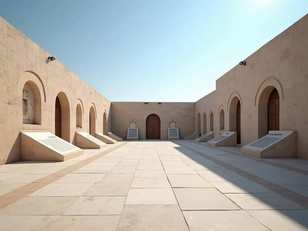 A serene outdoor museum courtyard scene featuring clean stone pathways and minimalist informational panels describing ancient history under clear blue skies with visitors casually walking among preserved architectural ruins.