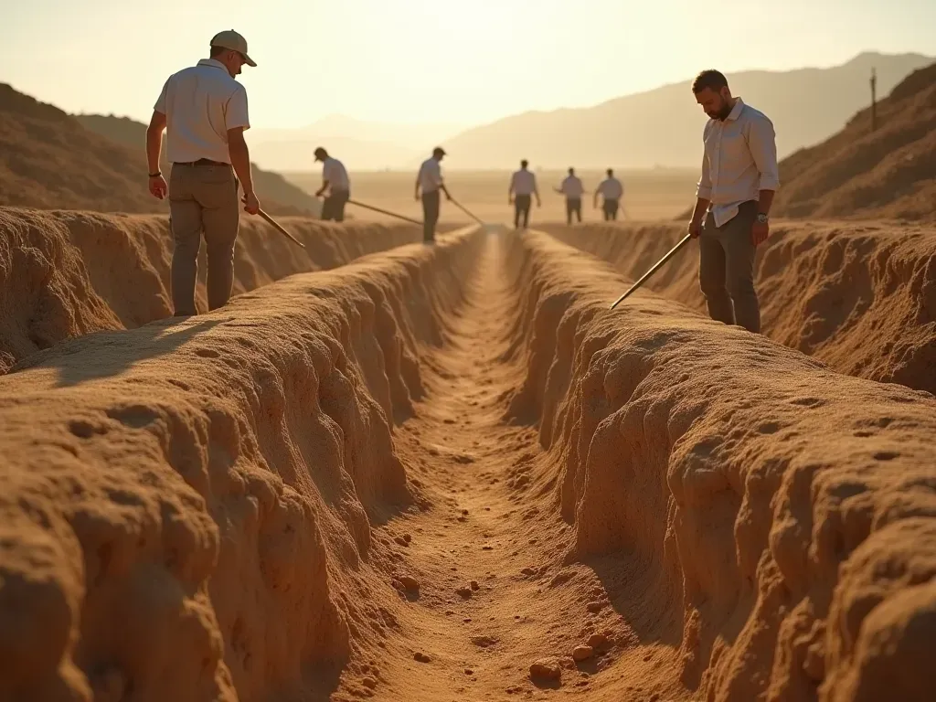 A wide-angle photo of an archaeological dig site with neat trenches cut into dry earth under bright sunlight. Archaeologists in neutral clothing work carefully with brushes and trowels. The background shows a clear blue sky and distant hills. No text or signs are visible.
