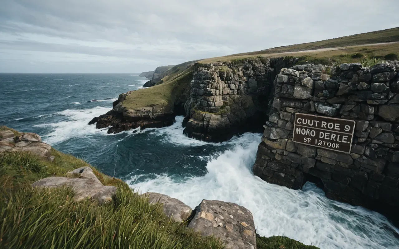A wide angle photograph of a rugged coastal cliff face meeting turbulent ocean waves, with scattered natural stones and grassy vegetation in the foreground, captured during overcast daylight with dramatic natural lighting emphasizing texture and depth