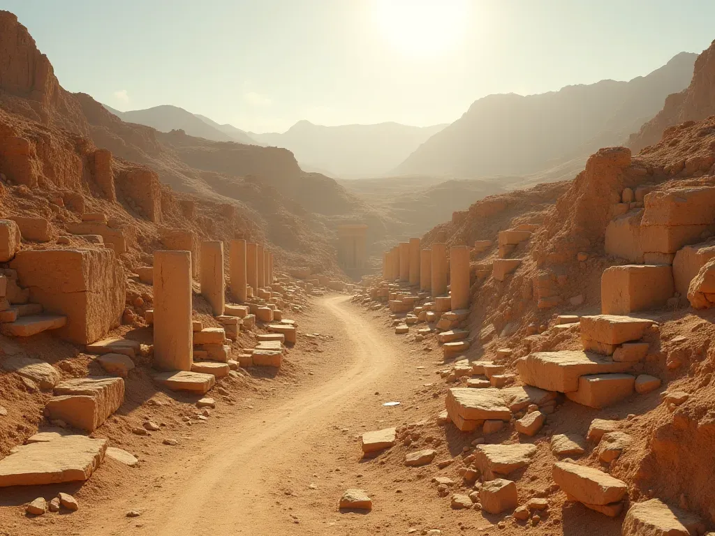 A wide-angle view of a vast archaeological excavation site with large stone pillars partially buried in dry earth under bright sunlight.