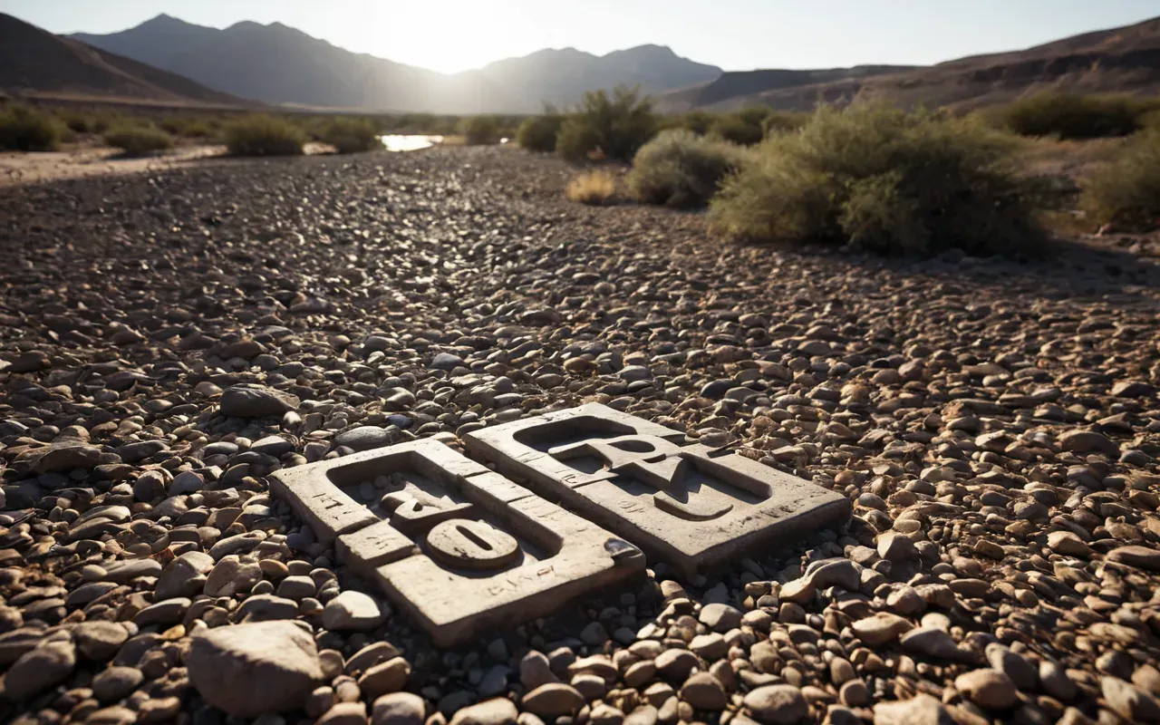 A wide landscape view of a dry riverbed with sparse vegetation under a bright sun showing the natural terrain and shadows without any visible text or human structures.