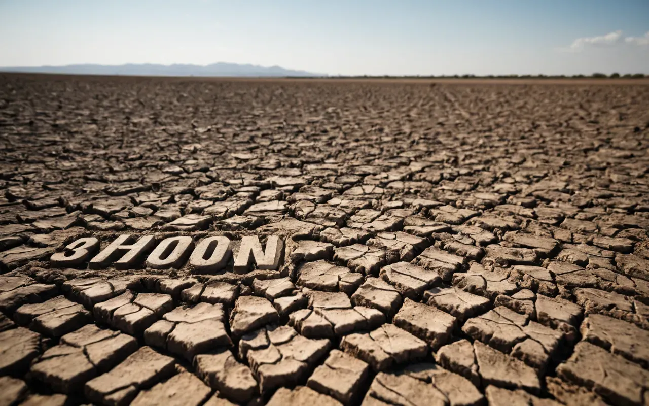A wide shot of dry cracked earth fields stretching to the horizon under a harsh midday sun.