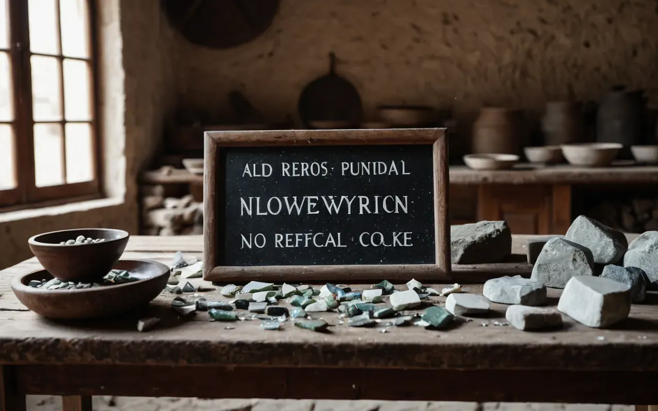 A workshop scene with stone tools and fragments arranged on a wooden table. Natural light highlights the edges of chipped glass pieces without any background distractions.