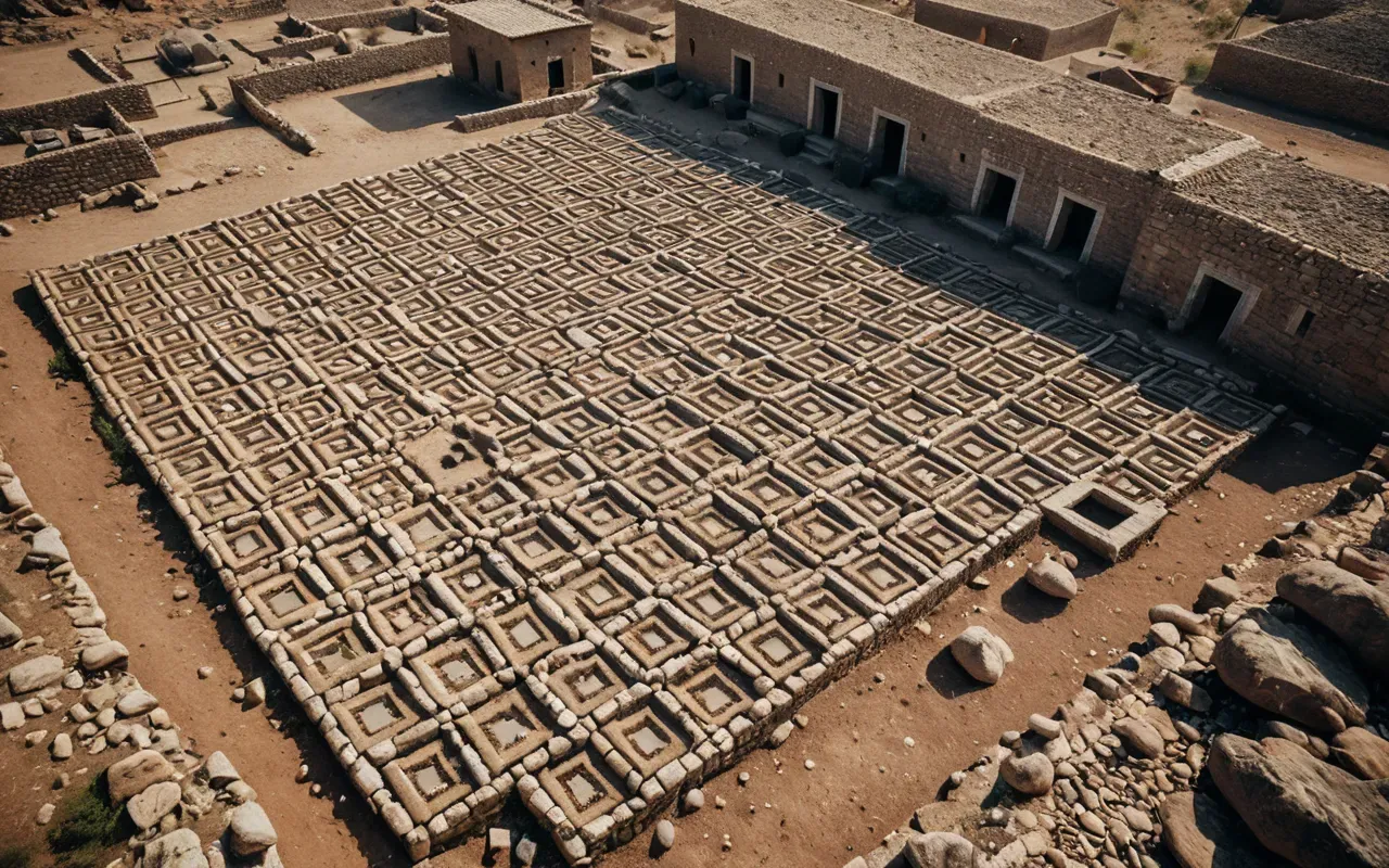 Aerial view of an ancient settlement with multiple stone foundations arranged in a grid pattern surrounded by dry landscape and scattered rocks.