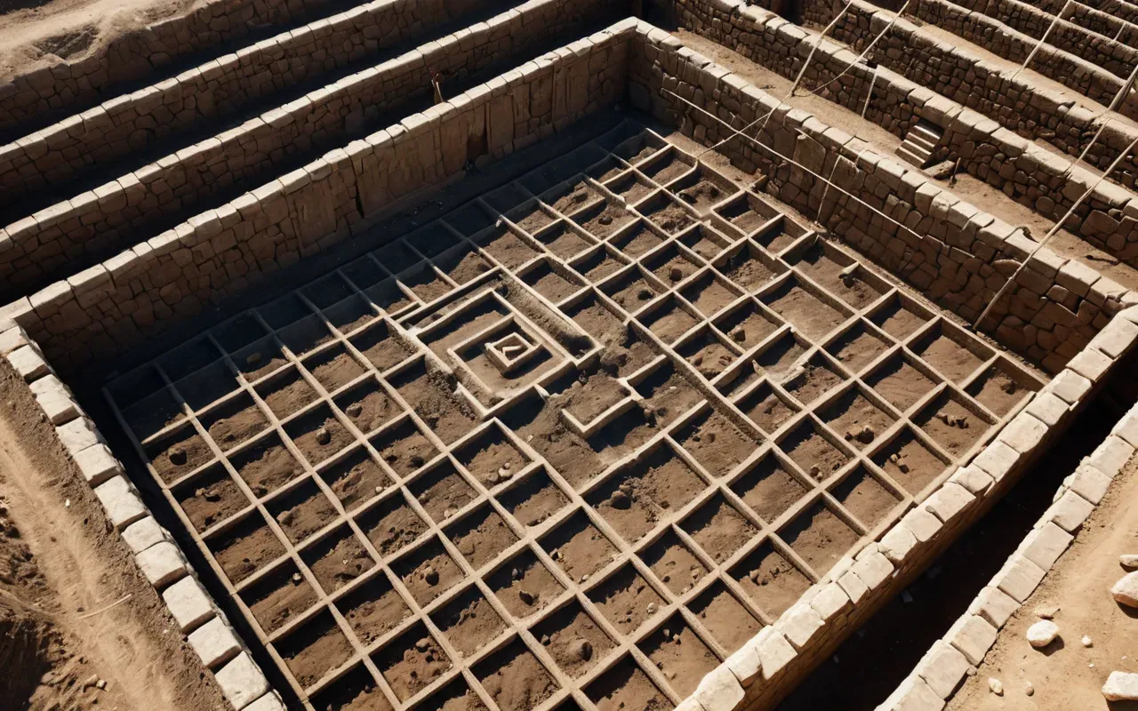 archaeological dig Aerial view of an archaeological excavation site with deep trenches and grid lines, bright daylight revealing earth layers