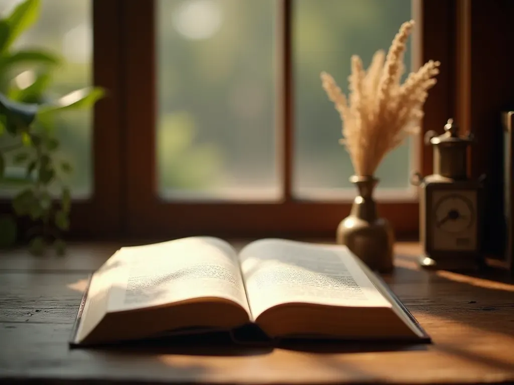 educational literature An open book resting on a wooden table next to a small clay figurine and a dried plant sprig illuminated by natural window light with no text visible