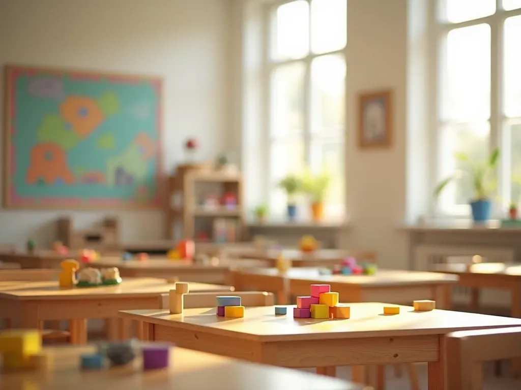 educational resources Bright modern classroom interior with sunlight streaming through large windows, wooden tables holding colorful educational blocks and natural materials, clean and inviting atmosphere