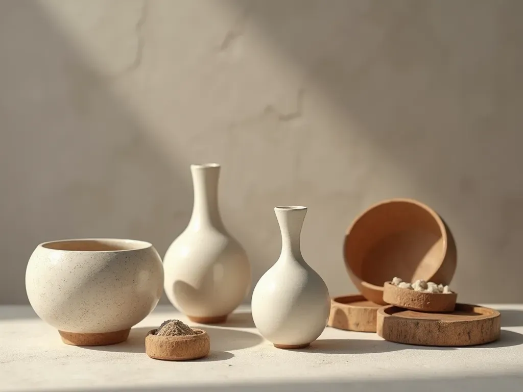 cultural artifacts Clean editorial still life of ceramic vessels and wooden objects arranged on a neutral stone surface, diffused soft lighting, monochrome tones