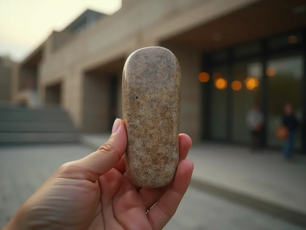 Close up editorial photograph of a hand holding a polished ancient stone tool against a blurred background of modern architectural elements in soft natural light with neutral tones and sharp focus on the object texture