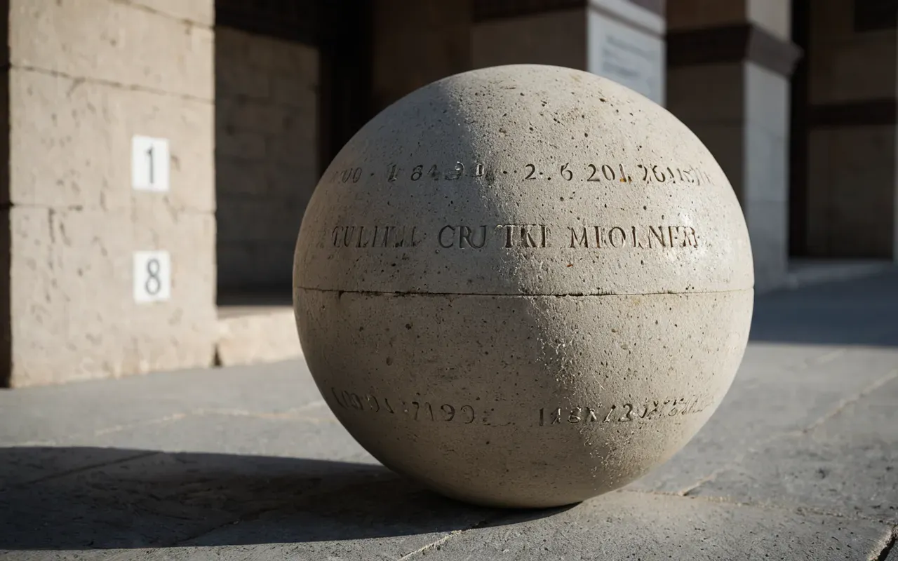 Close up of a perfectly polished stone sphere resting on a concrete surface with soft diffused light and neutral tones in an editorial setting.