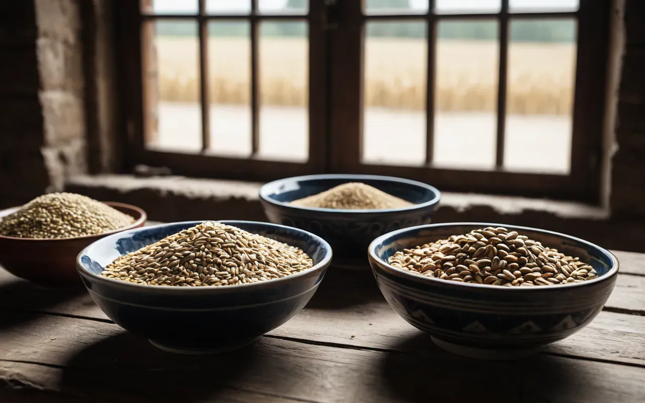 ancient grain storage Close-up of ancient ceramic grain bowls filled with wheat and barley on a rustic wooden table, soft natural lighting from a window