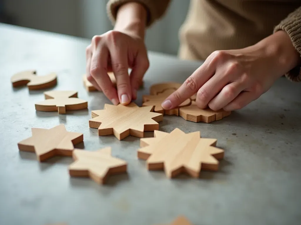 educational toys Close-up of hands assembling wooden puzzle pieces shaped like geometric patterns on a clean concrete surface, soft natural lighting, minimalist style