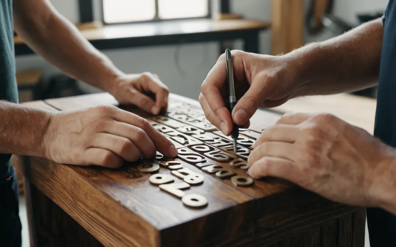 Close up of two hands working together on a small wooden model in a bright modern workshop with natural light and clean background.