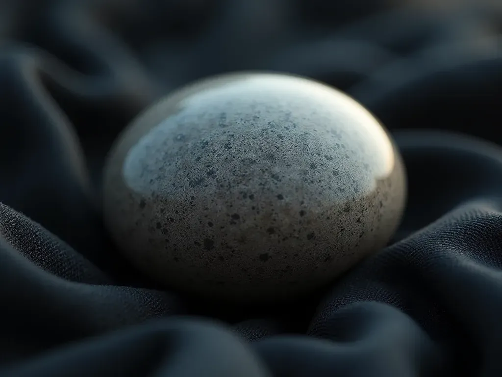 Close-up photograph of a smooth polished stone sphere resting on dark textured fabric with soft diffused lighting and shallow depth of field highlighting surface details without any background text or objects.
