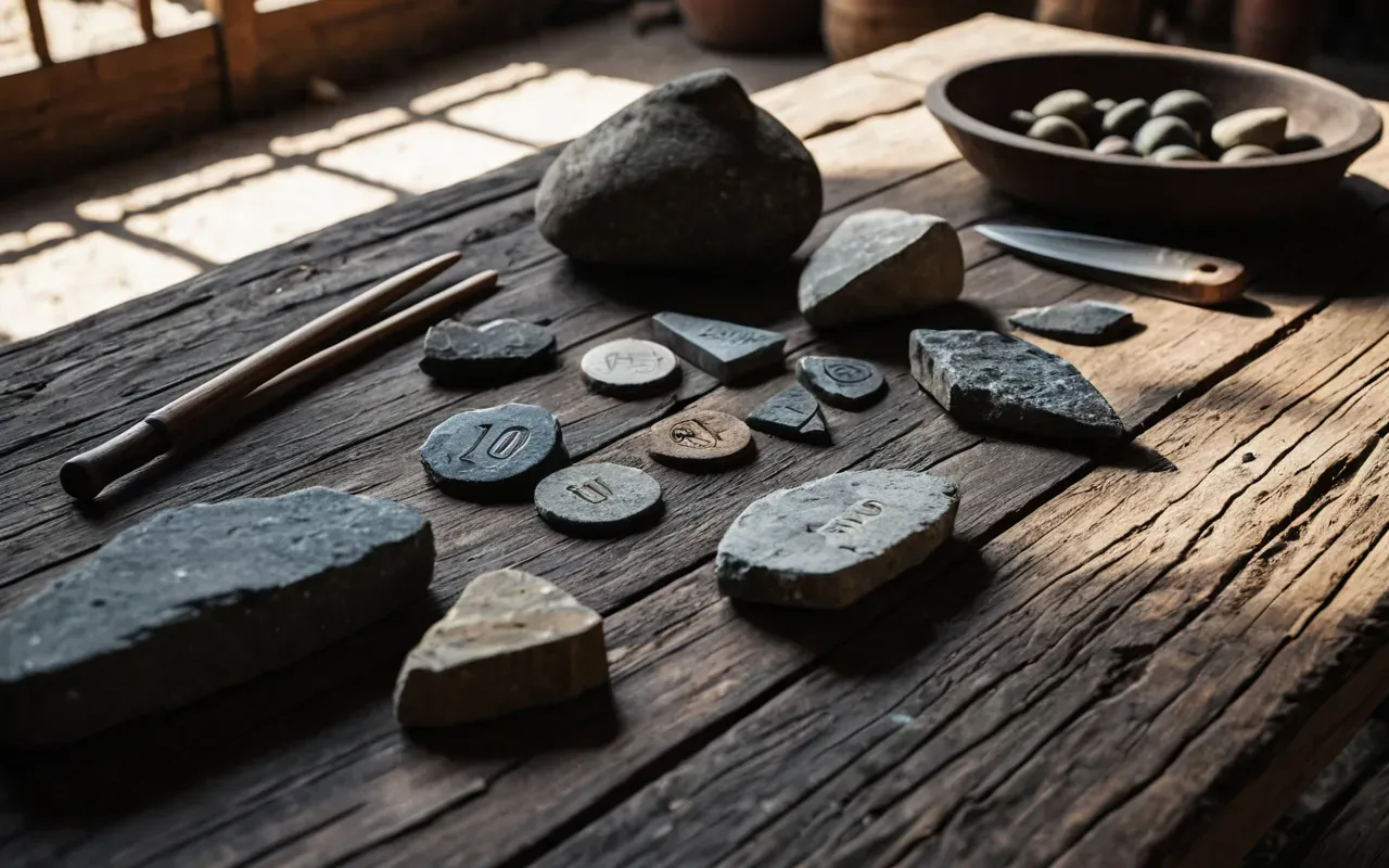 Close-up photograph of weathered stone tools and clay fragments arranged on a rough wooden table with soft natural light casting long shadows across the surface