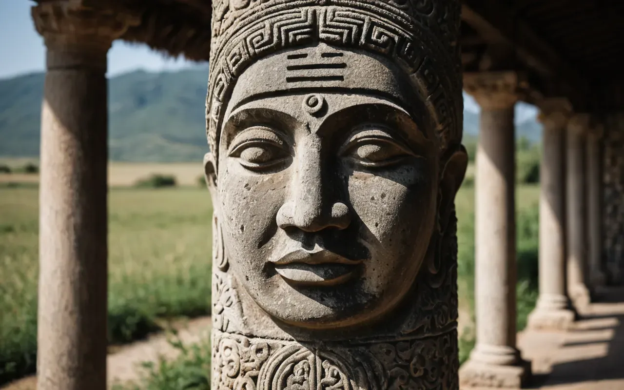 Close up view of a weathered stone pillar with faint carved facial features in natural outdoor light showing texture and age.