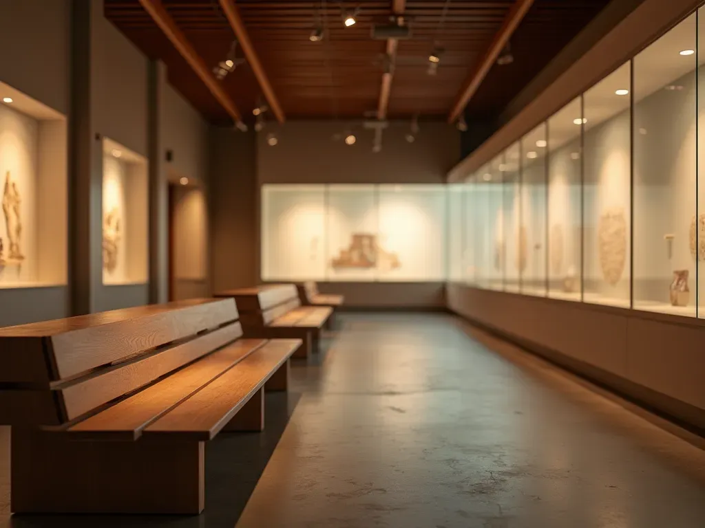 Editorial photograph of a modern minimalist museum interior with low wooden benches and soft warm lighting illuminating glass display cases in the background creating an atmosphere of quiet contemplation without any people or written signs.